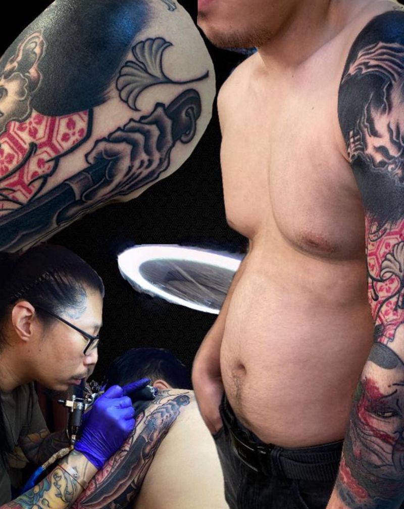 未完待续纹身图片_肩部手臂新传统生首般若纹身图案