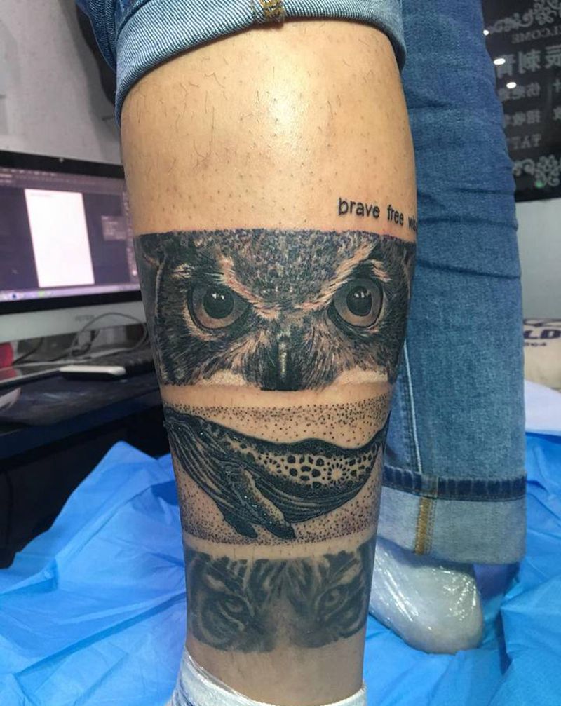 小腿纹身纹身图片_腿部点刺欧美写实纹身图案