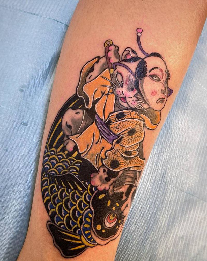 武士猫遮盖作品纹身图片_腿部脚部新传统老传统武士猫鲤鱼旗猫纹身图案