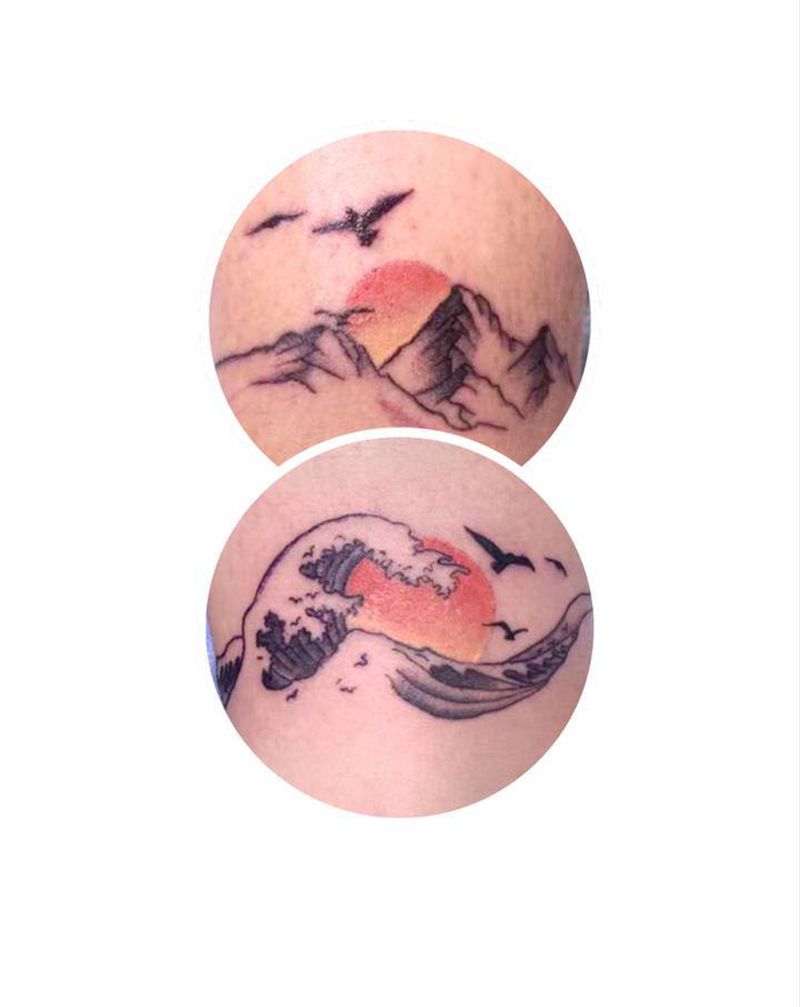 情侣山海纹身图片_脚部腿部New School点刺山海纹身图案