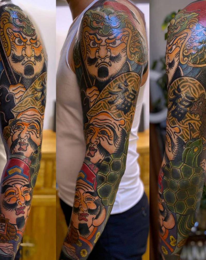 《七福神》花臂纹身图片_肩部手臂老传统Old School老传统花臂日式遮盖纹身图案