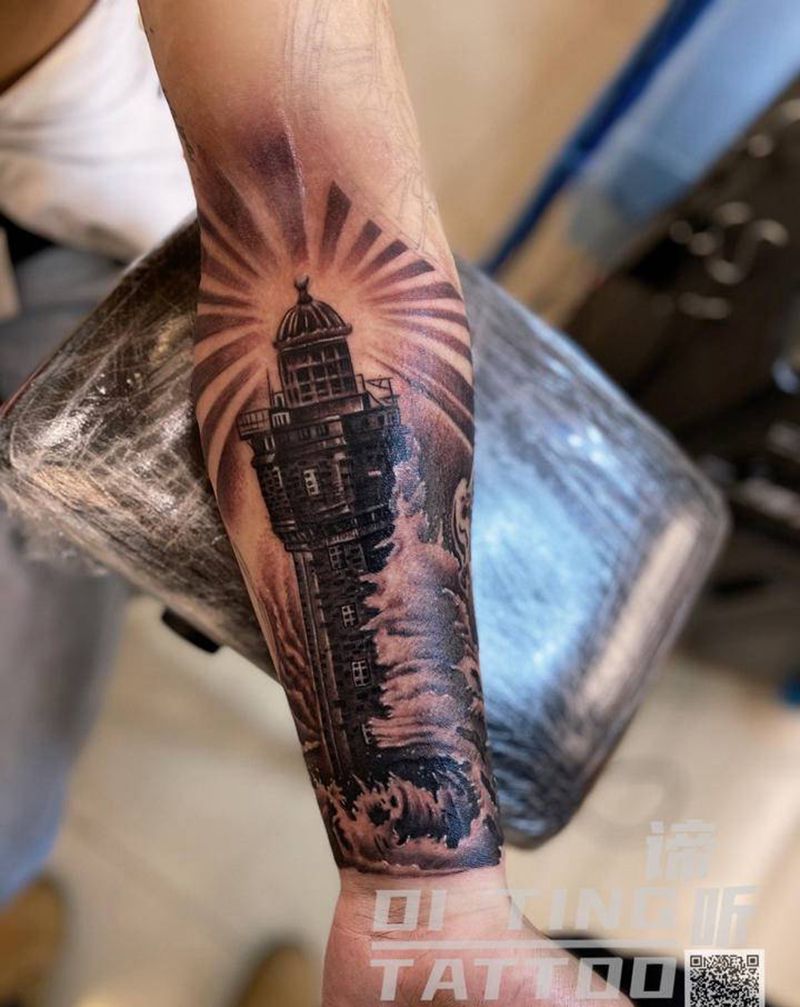 灯塔纹身图片_手臂腿部欧美写实灯塔海浪小臂纹身图案