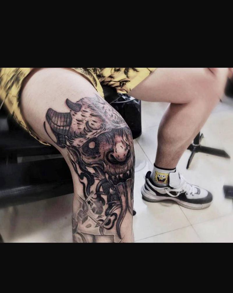 撒旦膝盖纹身图片_腿部手臂点刺撒旦羊膝盖纹身图案