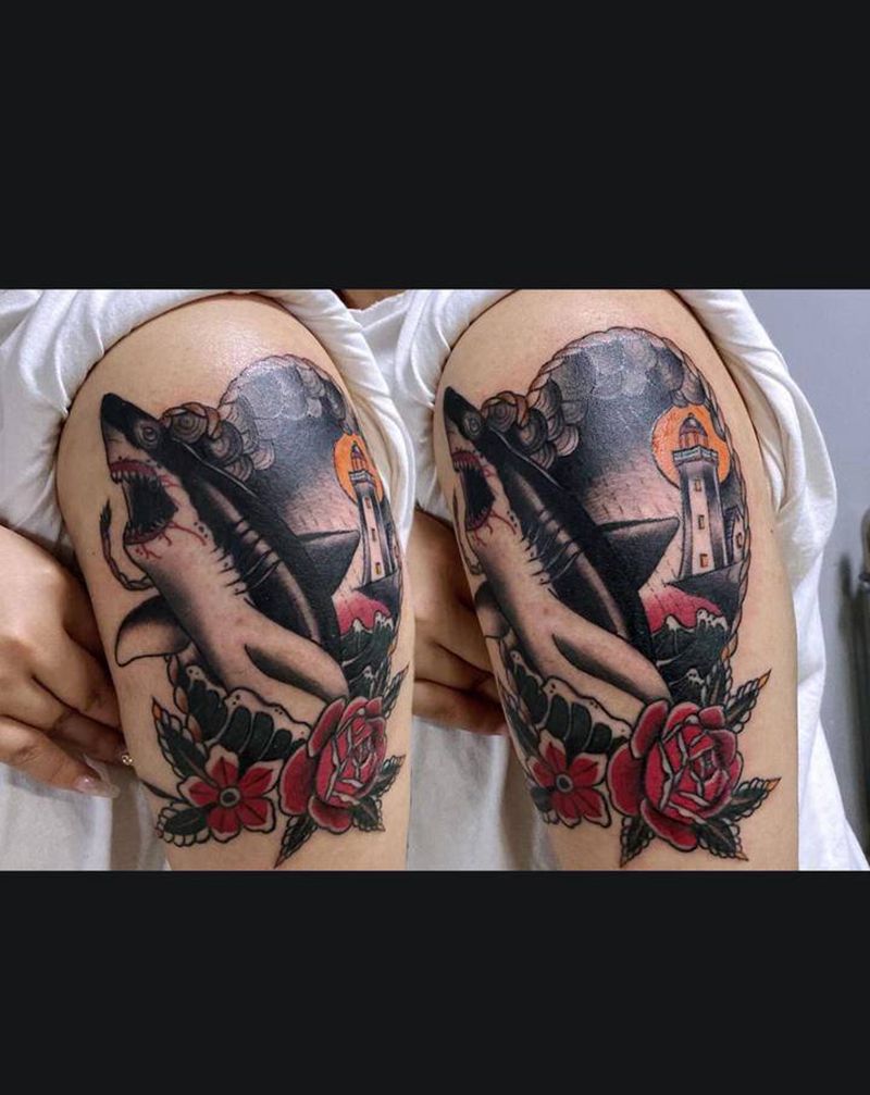 old school鲨鱼纹身图片_肩部手臂Old School鲨鱼oldschool纹身图案