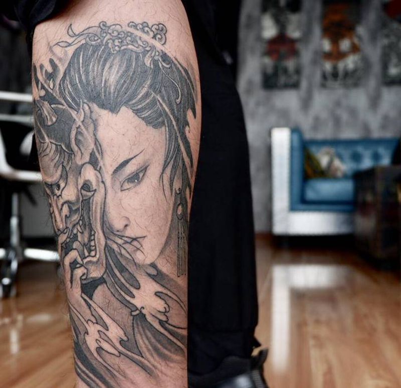 艺妓纹身图片_腿部新传统艺妓小腿纹身图案