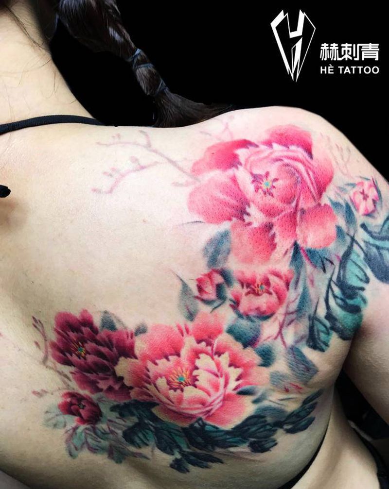 小写意牡丹纹身图片_肩部水墨水彩纹身图案