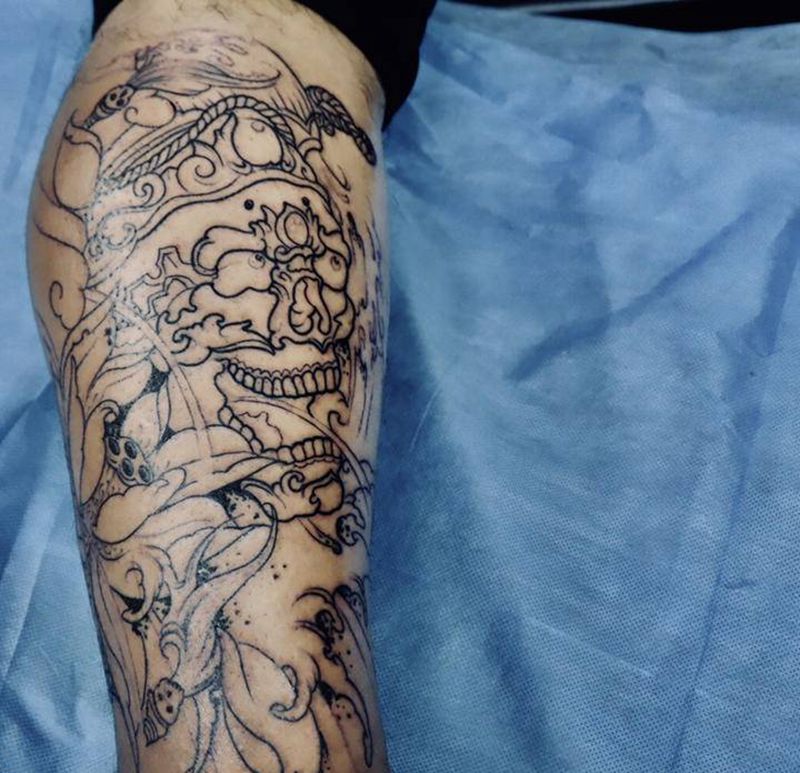 嘎巴拉纹身图片_腿部新传统嘎巴拉纹身图案