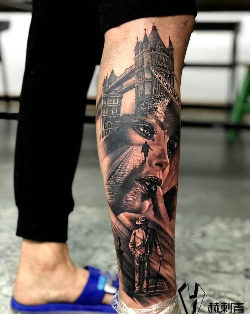 黑灰写实纹身图片_腿部欧美写实纹身图案