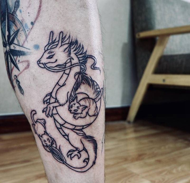 龙纹身图片_腿部水彩龙纹身图案