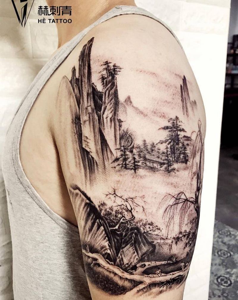 南宋-马远《踏歌图》纹身图片_水墨纹身图案