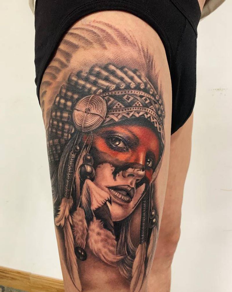 印第安美女纹身图片_欧美写实纹身图案