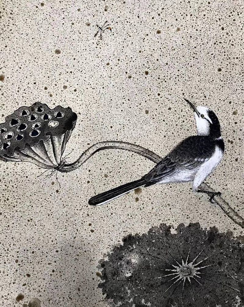 临宋疏荷沙鸟图纹身图片_水墨纹身图案