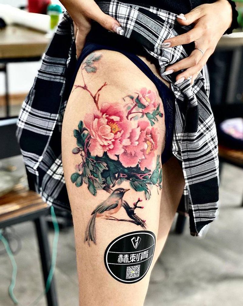 小写意牡丹纹身图片_腿部水墨水彩纹身图案