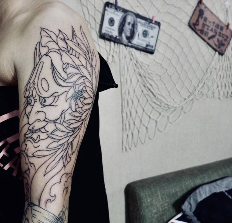 学员作品纹身图片_手臂新传统班若纹身图案