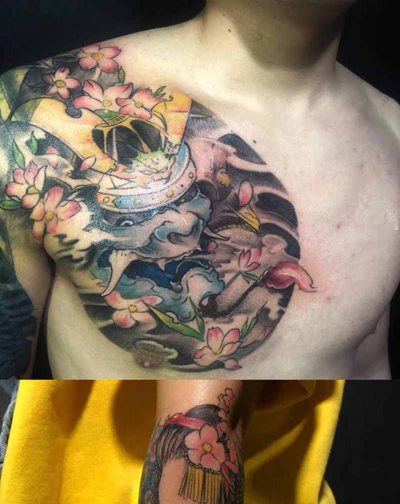 本店彩色传统纹身图片_颈部肩部老传统新传统纹身图案