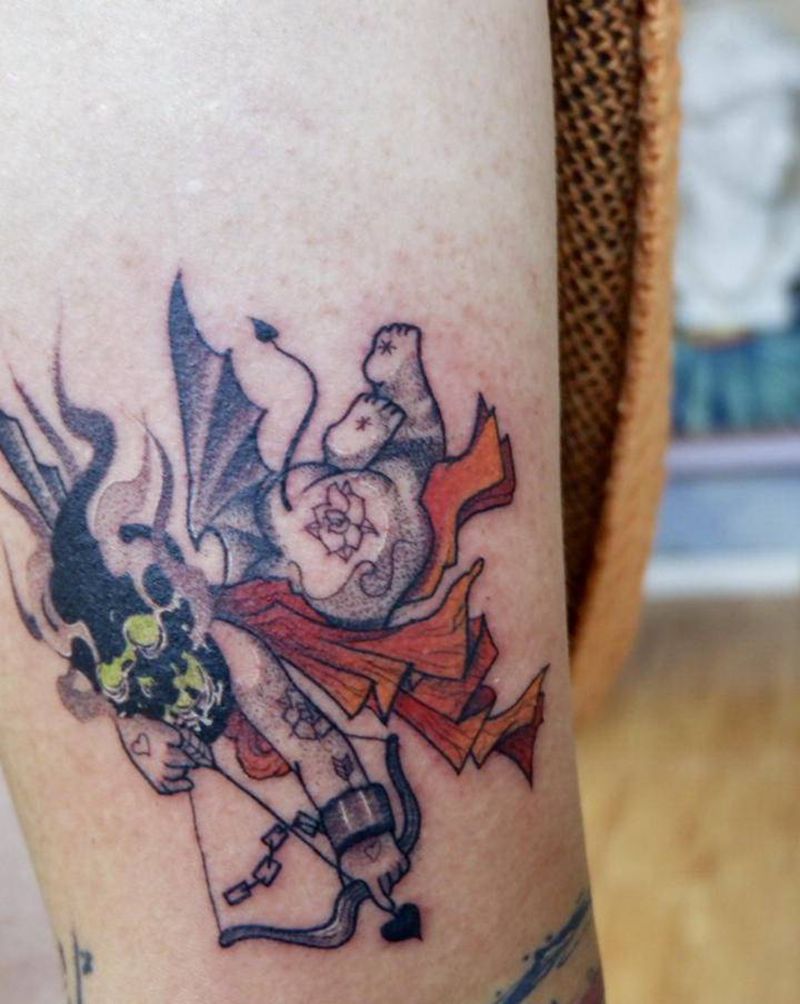 丘比特纹身图片_手臂点刺丘比特骷髅纹身图案