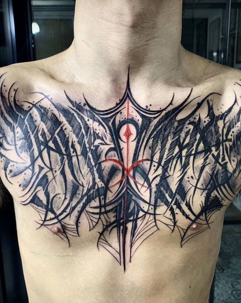 暗黑花胸纹身图片_胸部花体字纹身图案