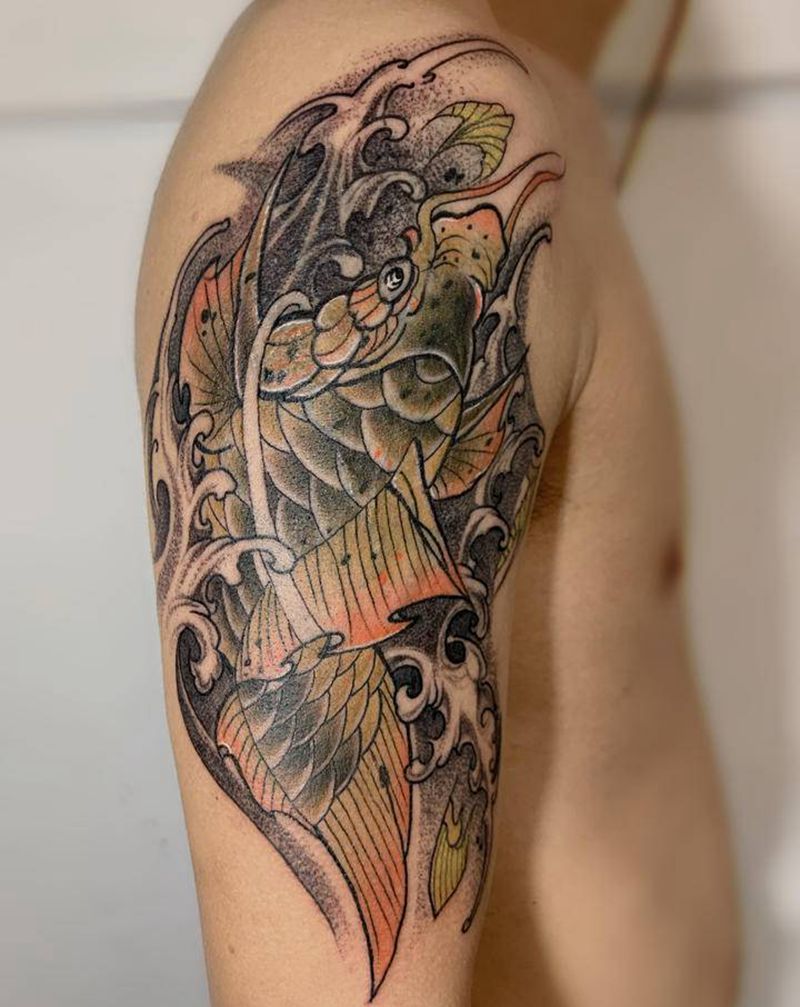 遮盖图腾，鲤鱼纹身图片_手臂手部新传统纹身图案
