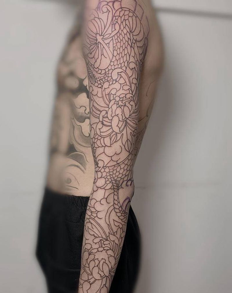 日式花臂线条纹身图片_手部纹身图案