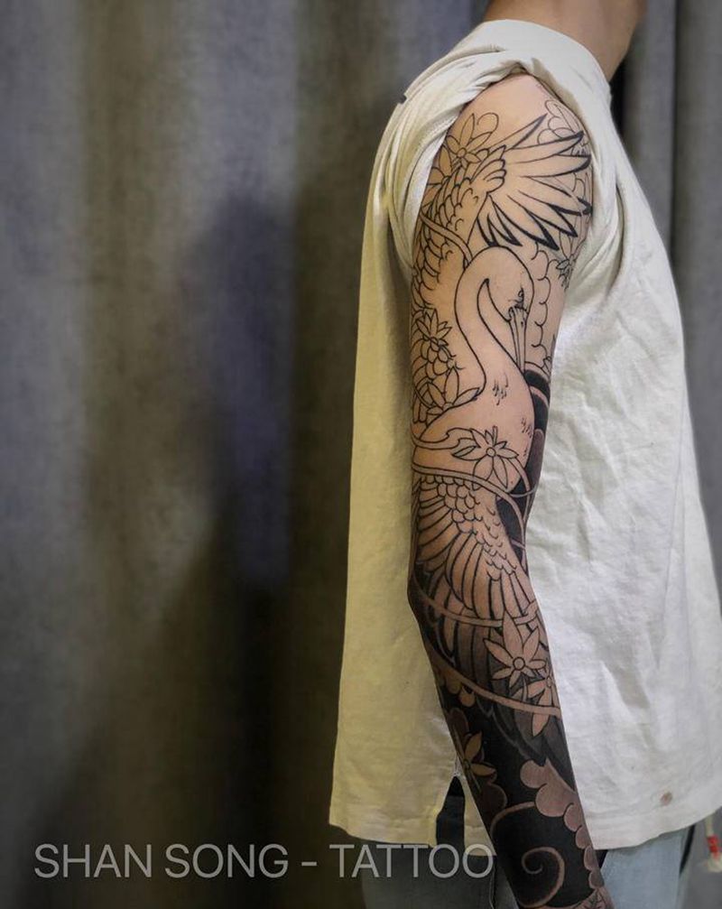日式花臂纹身图片_手部手臂老传统仙鹤纹身图案