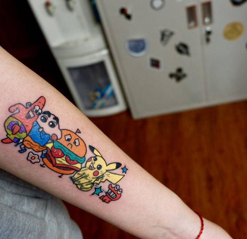 卡通动画遮盖纹身图片_手臂New School卡通纹身图案