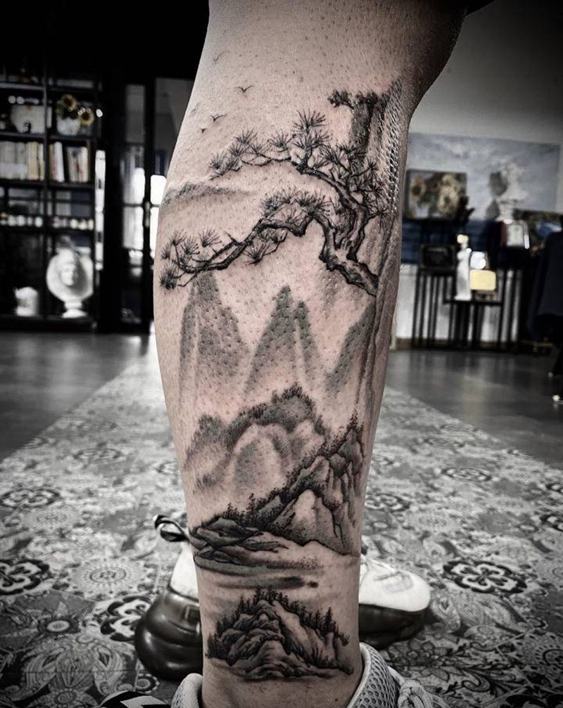 山水纹身图片_腿部水墨纹身图案