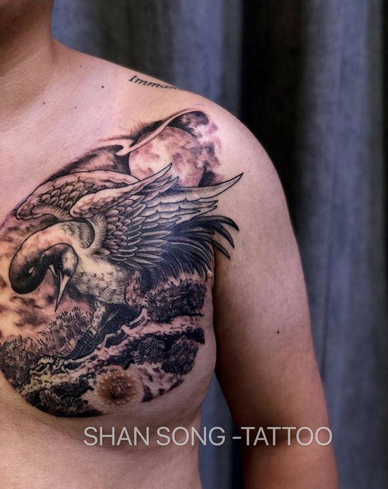 鹤纹身图片_胸部肩部老传统新传统中国风 鹤纹身图案