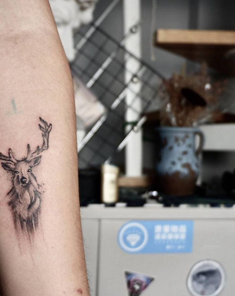 鹿纹身图片_手臂点刺鹿纹身图案