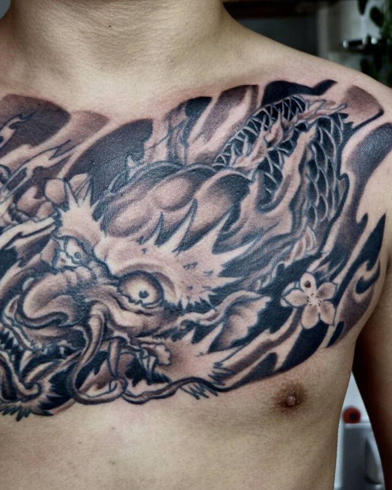 花胸纹身图片_胸部新传统龙纹身图案