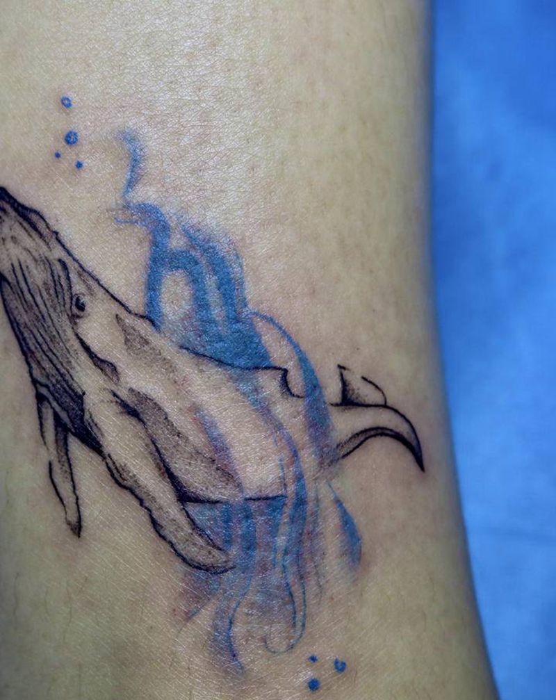 鲸鱼纹身图片_腿部水彩鲸鱼纹身图案
