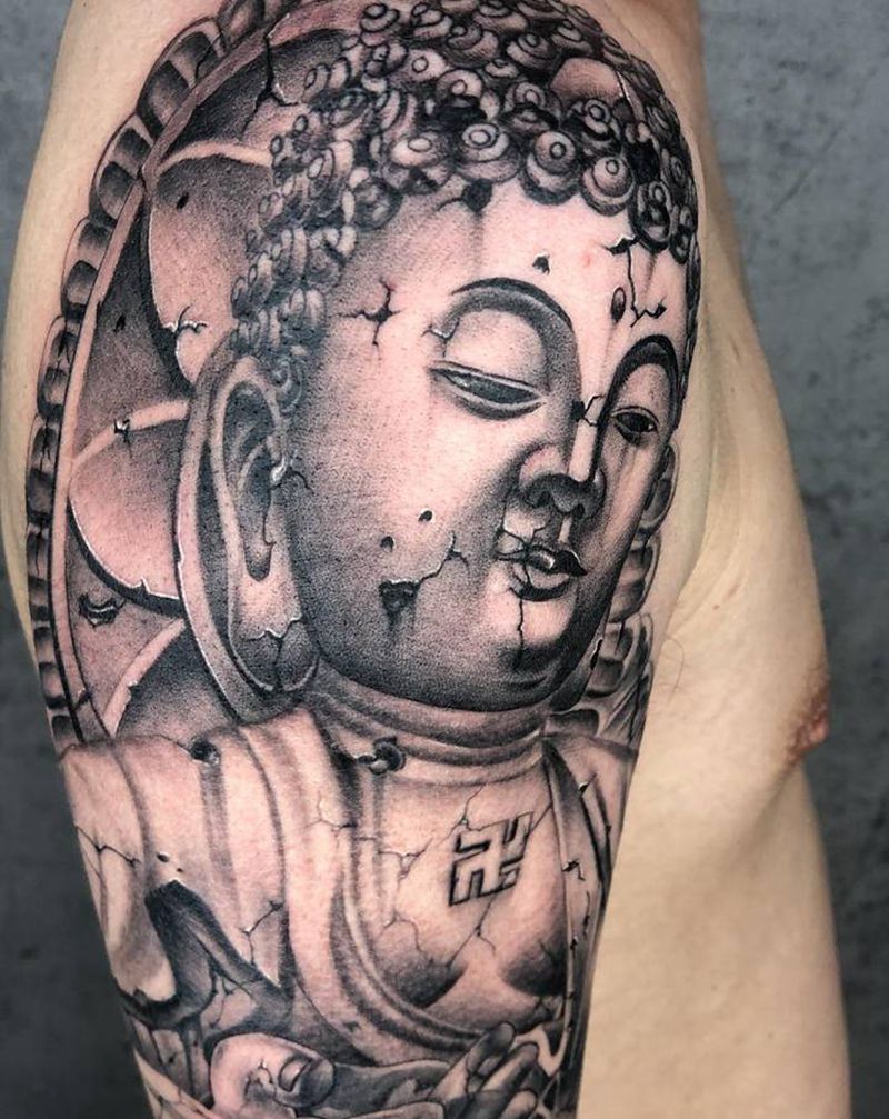 石雕佛像纹身图片_手臂新传统纹身图案