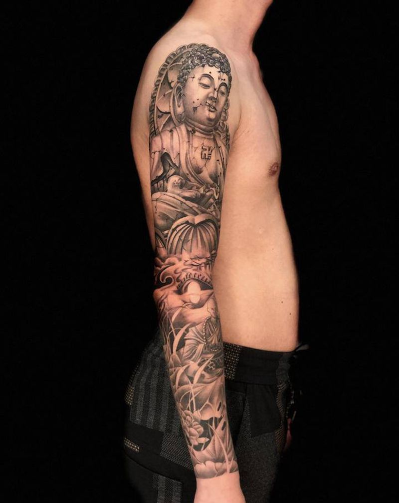 石雕佛像纹身图片_手臂新传统纹身图案