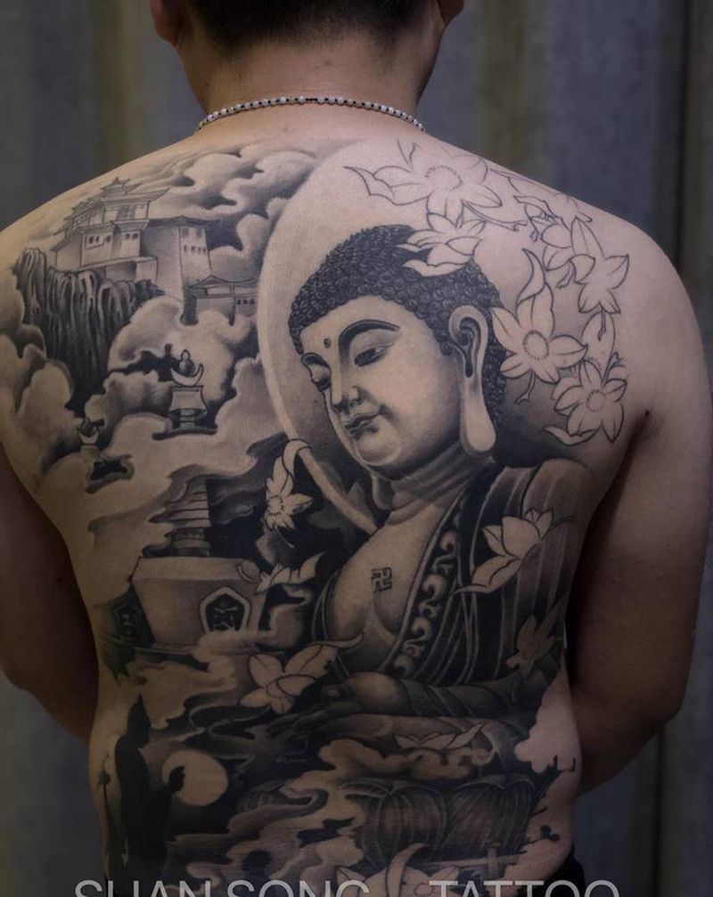佛纹身图片_背部老传统新传统纹身图案