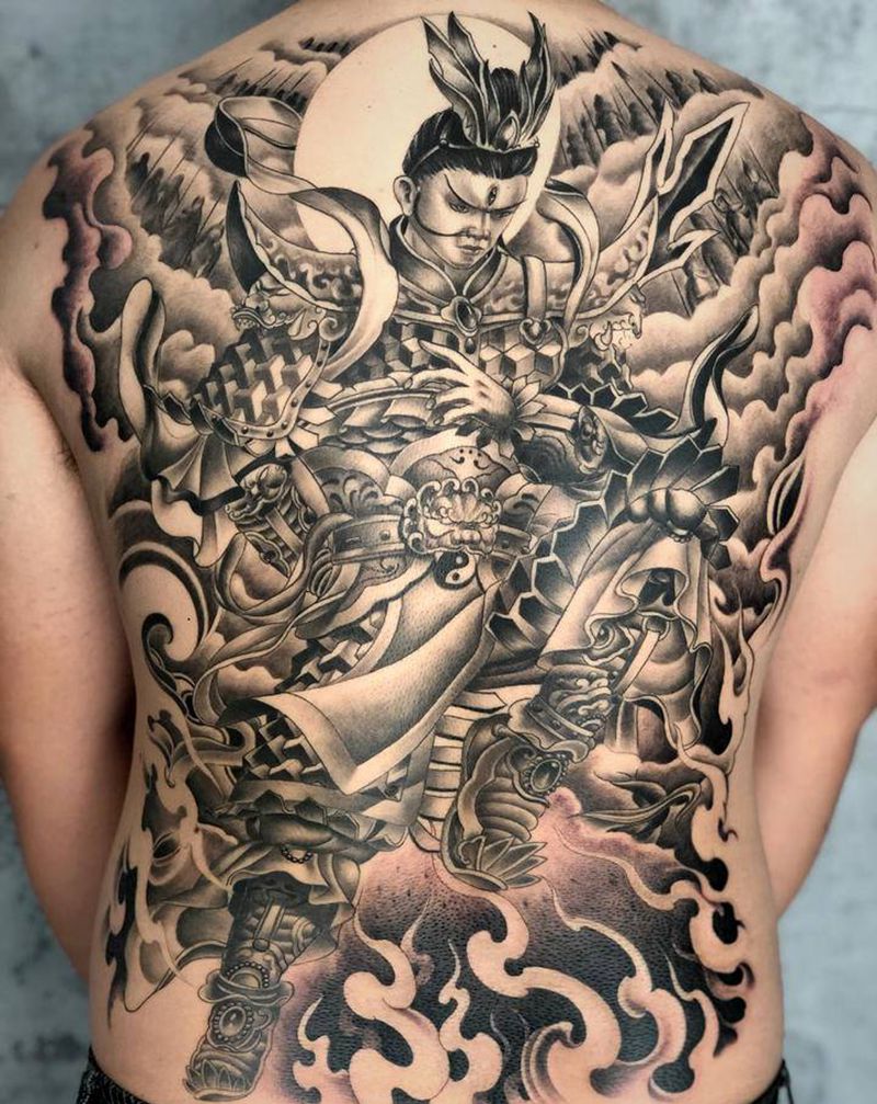 二郎神纹身图片_背部新传统纹身图案