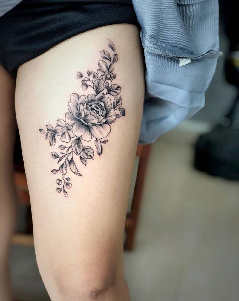 素花纹身图片_腿部点刺纹身图案