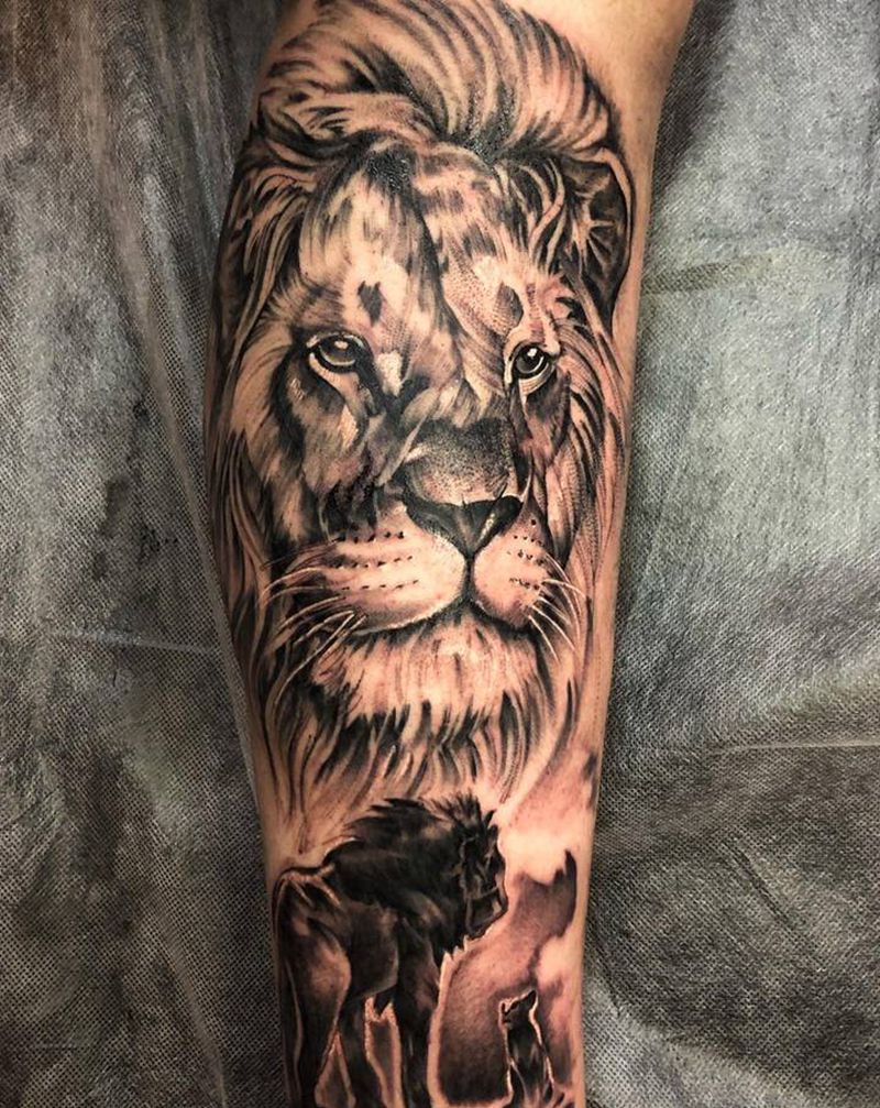 狮王辛巴纹身图片_腿部欧美写实纹身图案