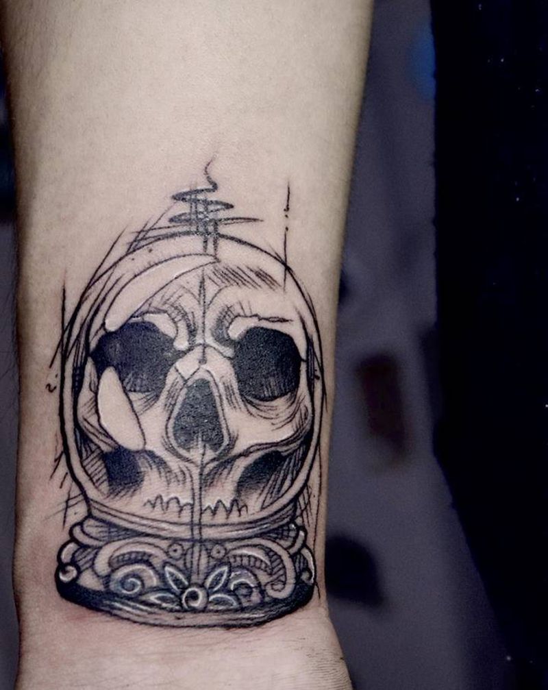 骷髅遮盖纹身图片_手臂几何图腾骷髅纹身图案