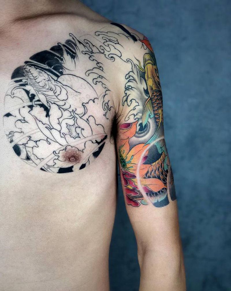 半甲纹身图片_肩部胸部新传统纹身图案