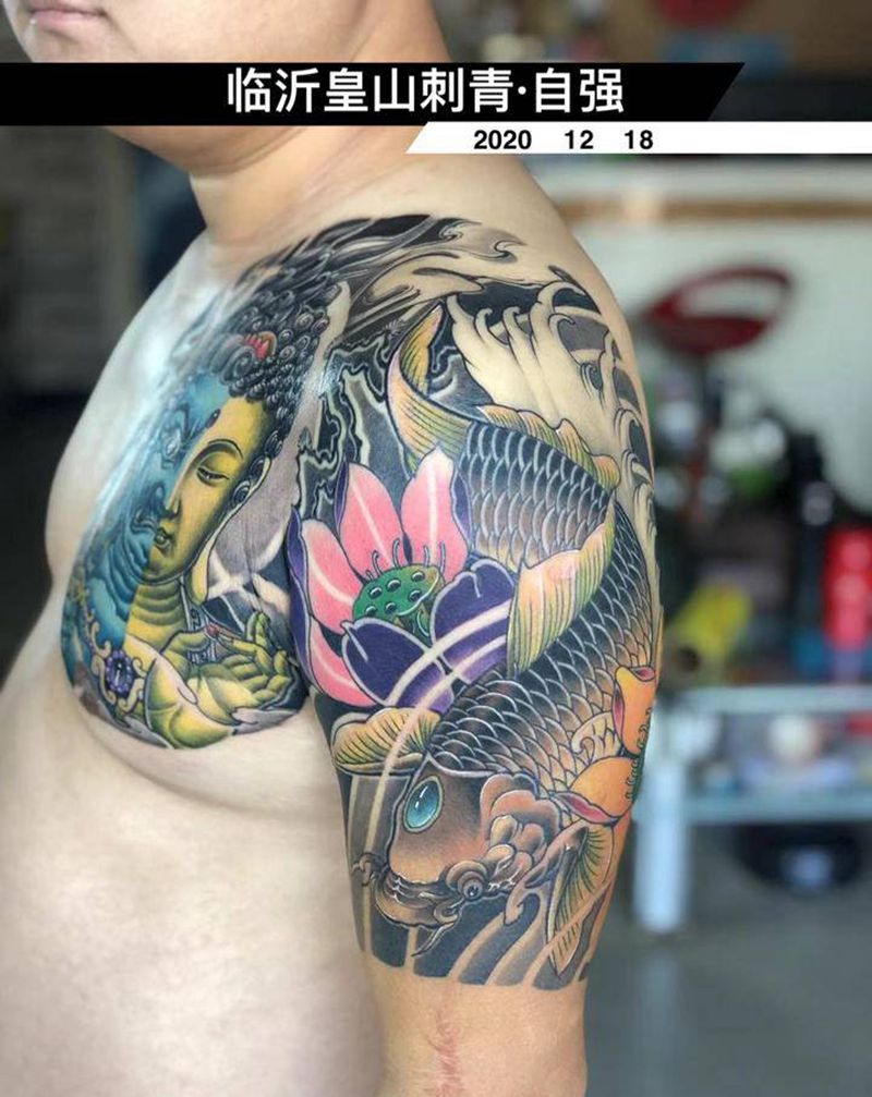 传统彩色半甲纹身图片_胸部手臂新传统半甲纹身图案