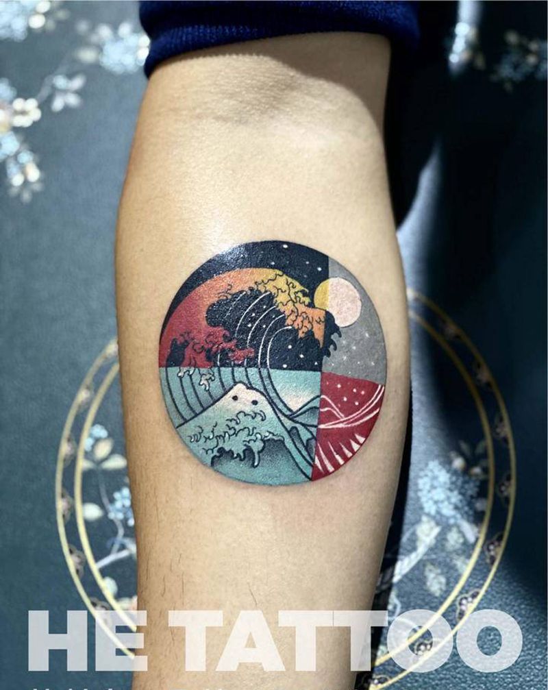 神奈川冲浪里纹身图片_手臂纹身图案