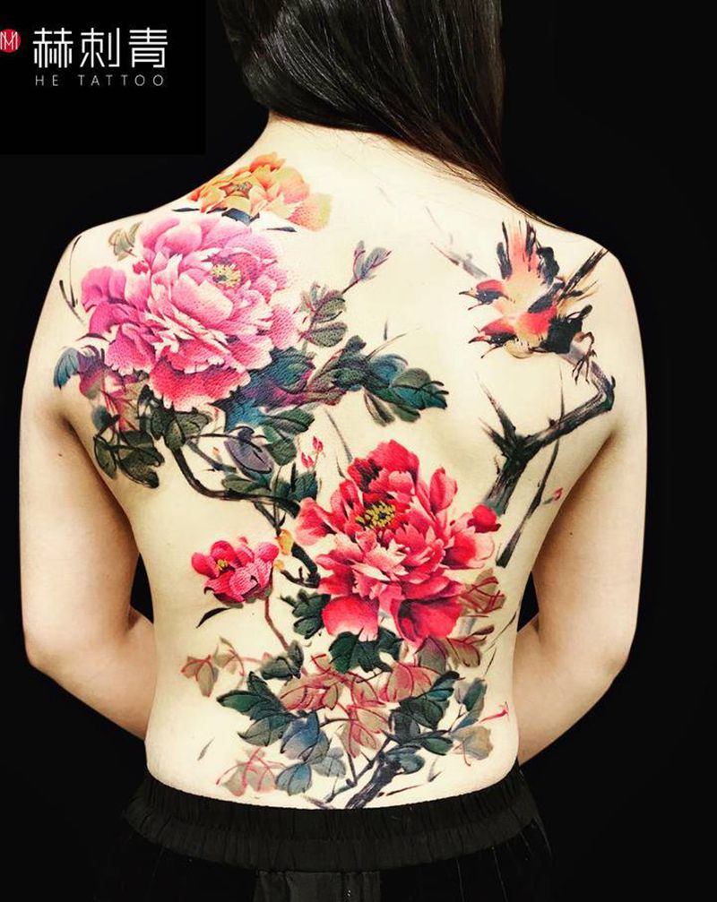 中国风水墨水彩第一名纹身图片_背部水墨水彩牡丹纹身图案