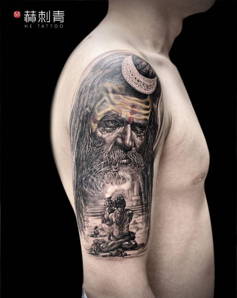 欧美黑灰小图第三名纹身图片_手臂欧美写实苦行僧纹身图案