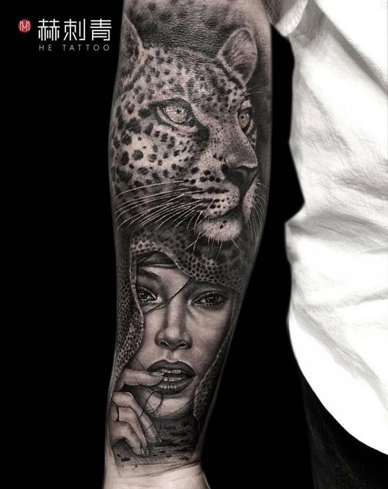 豹女纹身图片_手臂欧美写实纹身图案