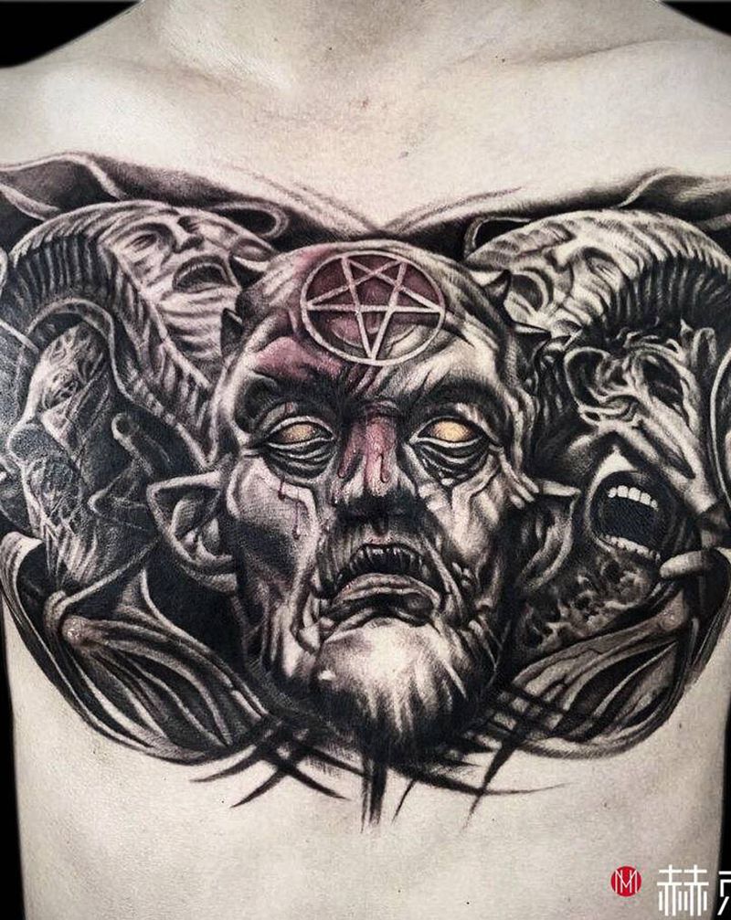 暗黑写实纹身图片_胸部欧美写实纹身图案
