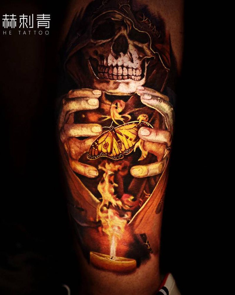 重生与希望纹身图片_腿部欧美写实纹身图案