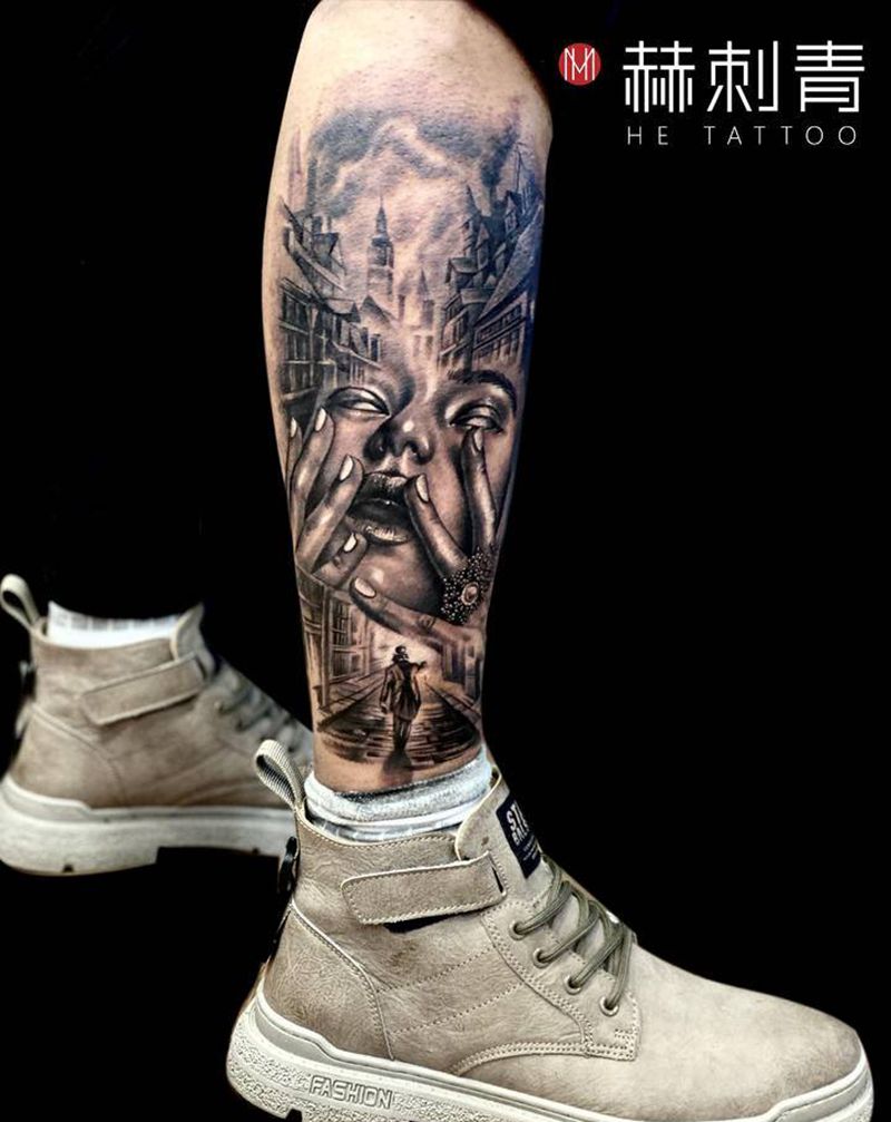 黑灰写实纹身图片_腿部欧美写实纹身图案