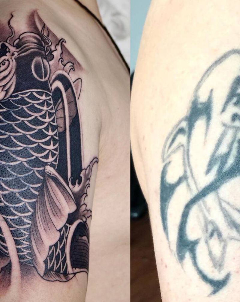 遮盖纹身图片_手臂新传统鲤鱼纹身图案