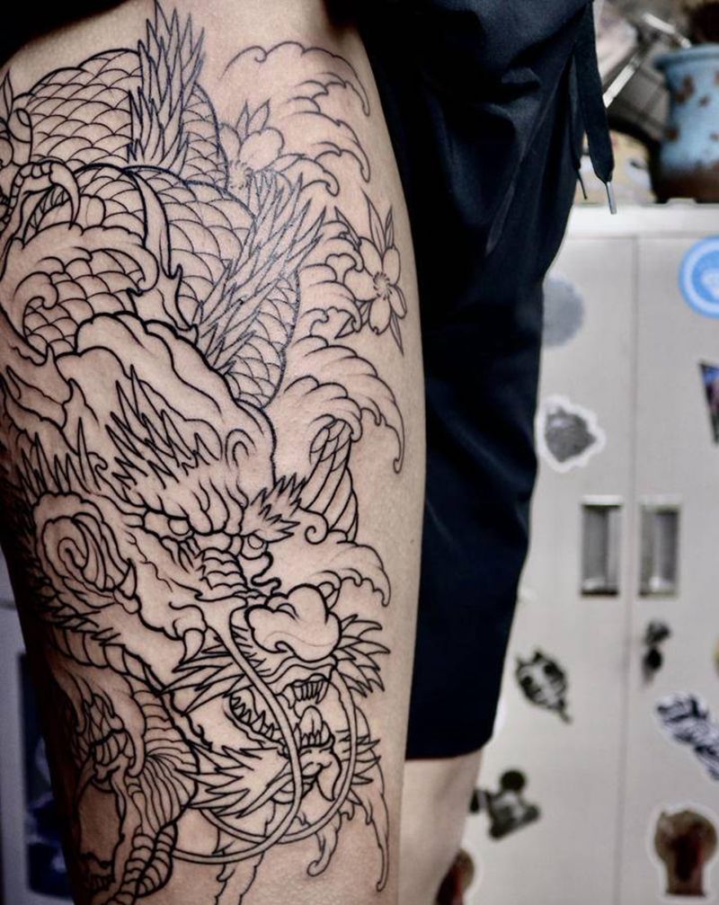 龙纹身图片_腿部新传统龙纹身图案