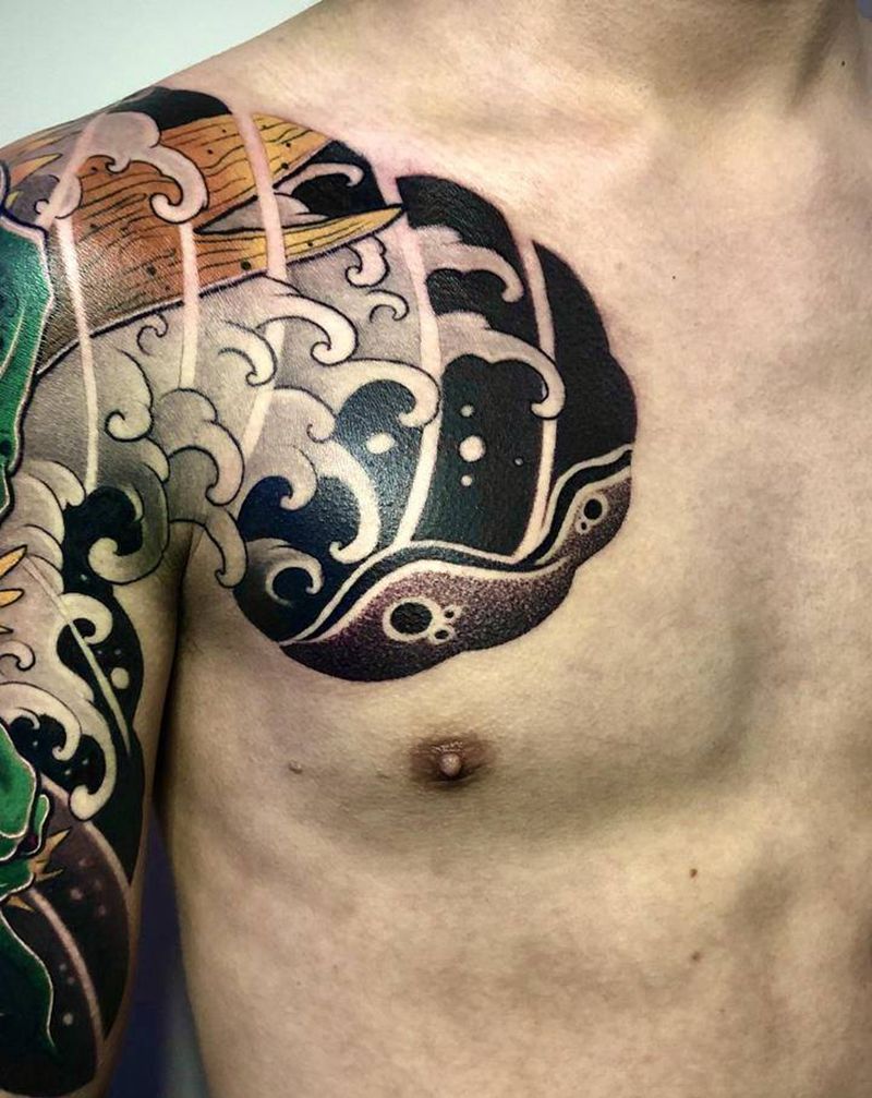 龙头半胛纹身图片_胸部手臂新传统老传统龙纹身图案