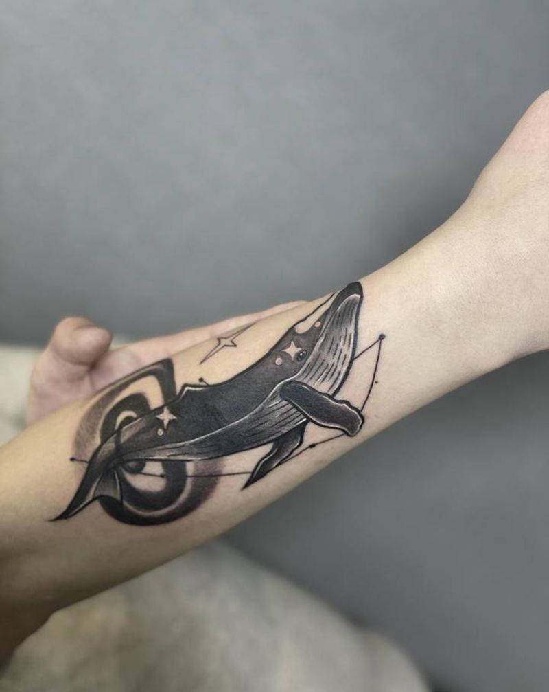 鲸鱼遮盖小图纹身图片_手部新传统纹身图案